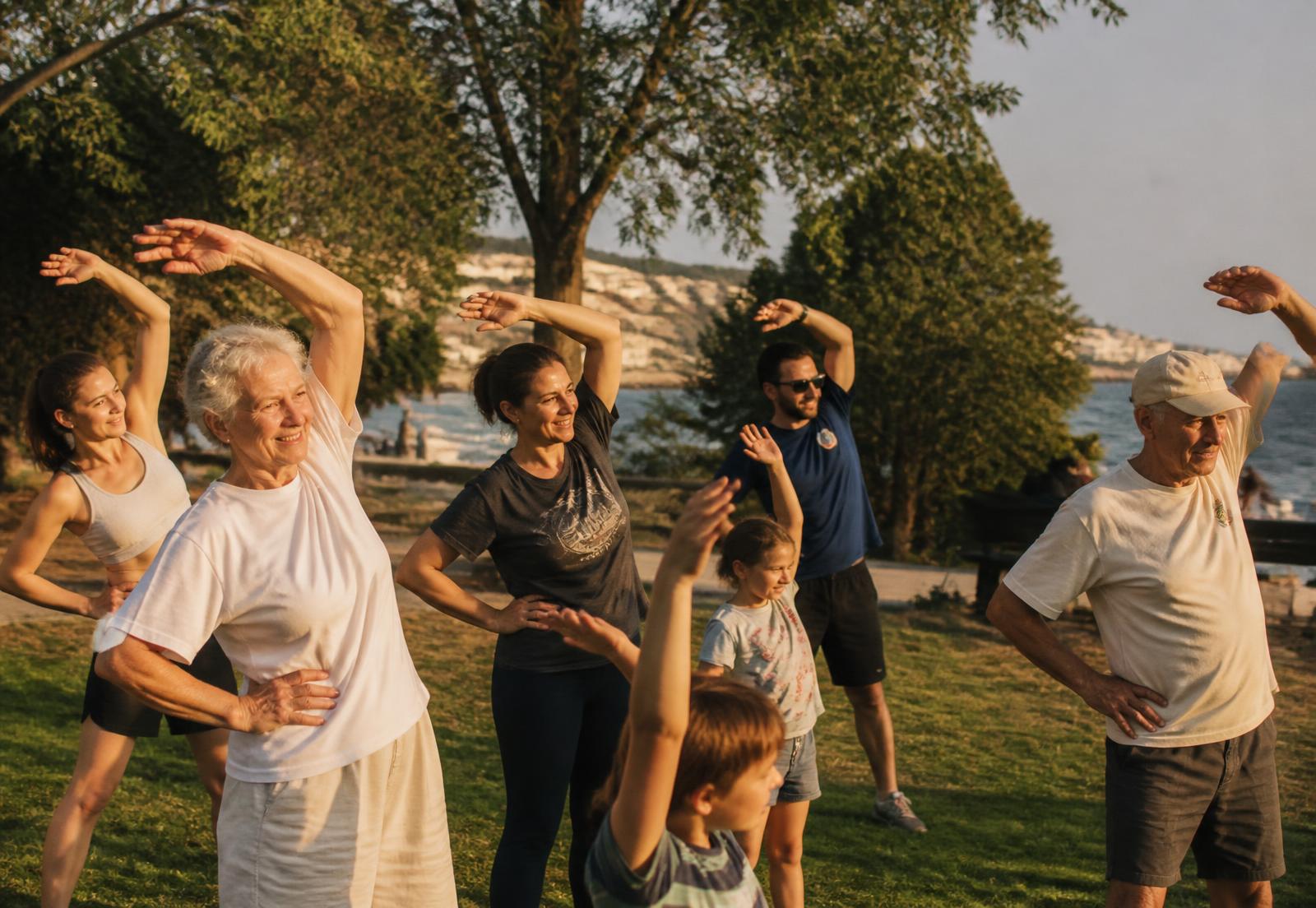 Community members of all ages exercising together in a park in Croatia